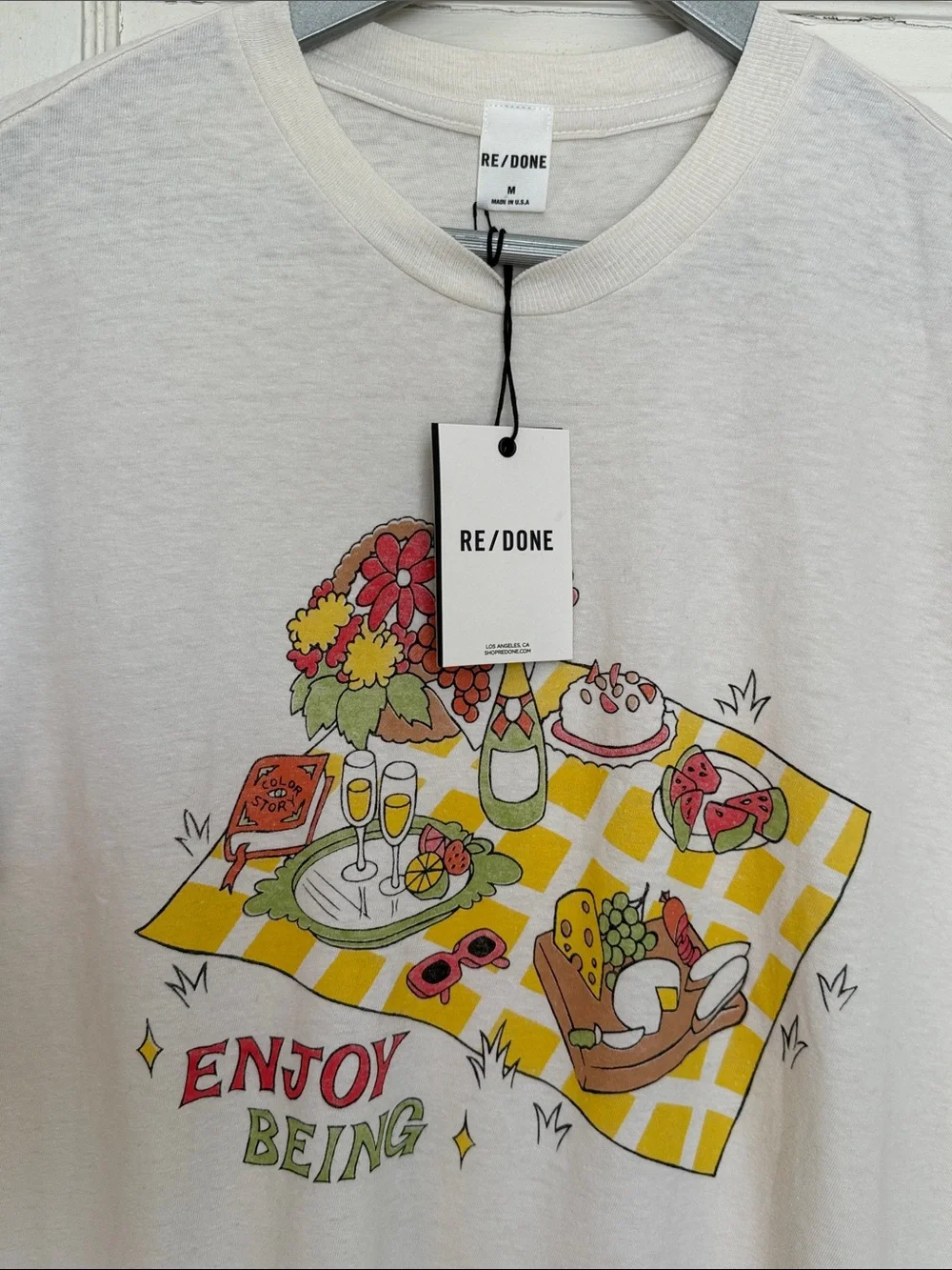 Re/Done Cream Picnic Graphic Tee with Yellow and Red Print - Picture 5 of 7